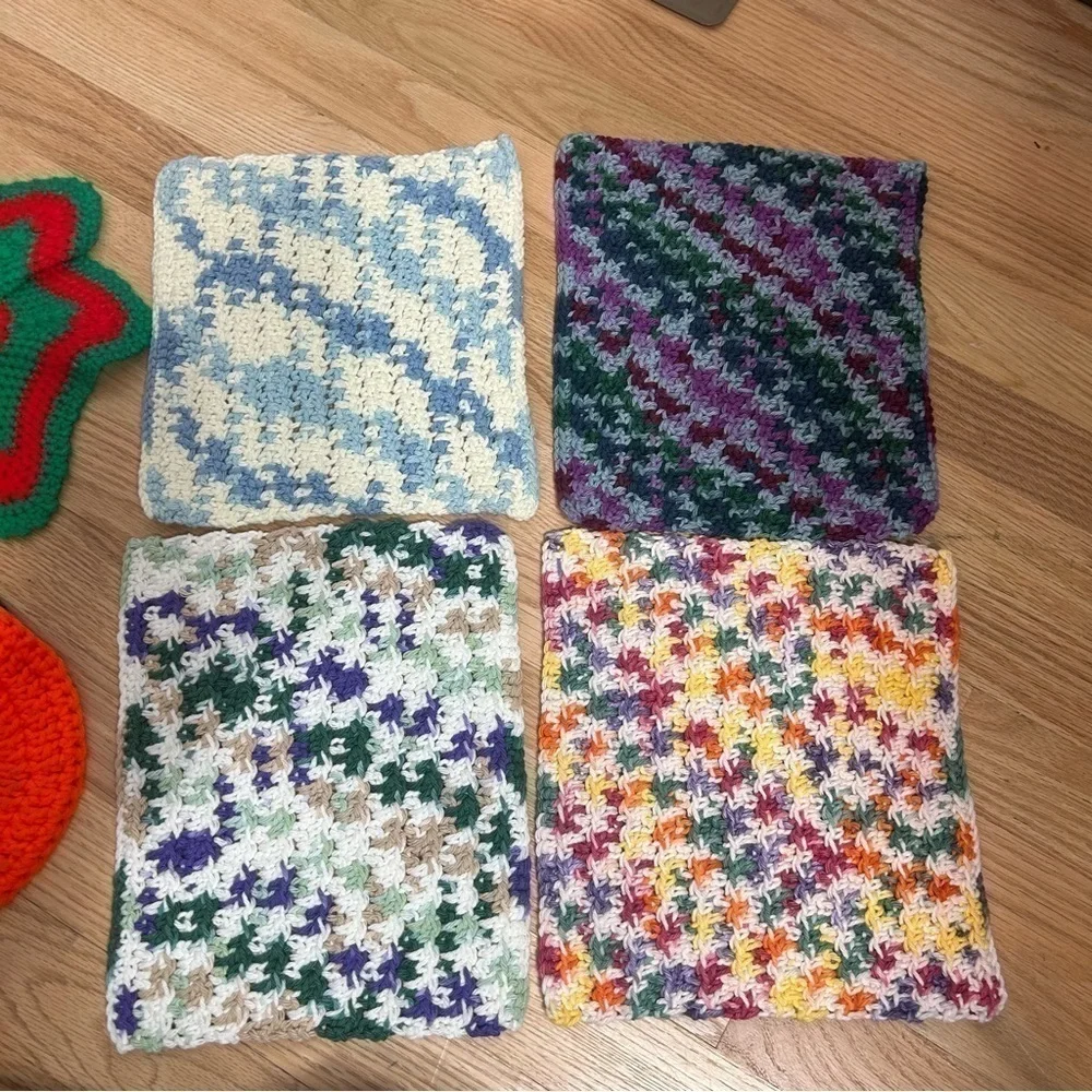 Handmade Vintage Crochet Pot Holders Doilies Colorful Pumpkin Kitchen Home